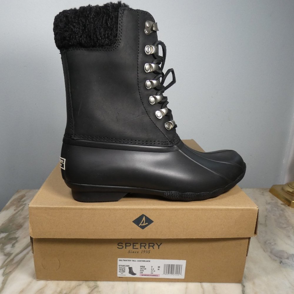 Sperry womens Saltwater Tall Leather Cozy Rain Boot, Black, 7 US